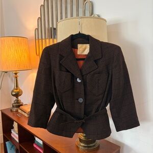 Saks Fifth Avenue Wool Dark Brown Plaid Tailored Jacket with Belt silk lining